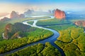 Aerial view of Phang Nga bay with mountains at sunrise in Thailand.