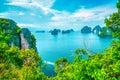 Aerial view of Phi Phi Island with Maya Bay and Phi Leh Lake, Krabi Province, Top view of a rocky tropical island isolated with Royalty Free Stock Photo