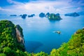aerial view of Phi Phi Island with Maya Bay and Phi Leh Lake, Krabi Province, Top view of a rocky tropical island isolated with Royalty Free Stock Photo