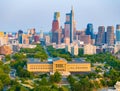 Aerial view of the Philadelphia Museum of Art at sunset.