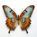 Close-up Photograph Of A Pinned Butterfly With Blue Wings And Orange Stripes