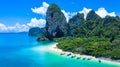 Aerial view Phra Nang Cave Beach with traditional long tail boat on Ao Phra Nang Beach, Railay Bay, Krabi, Thailand