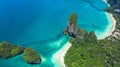 Aerial view Phra Nang Cave Beach with traditional long tail boat on Ao Phra Nang Beach, Railay Bay, Krabi, Thailand