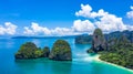 Aerial view Phra Nang Cave Beach with traditional long tail boat on Ao Phra Nang Beach, Railay Bay, Krabi, Thailand