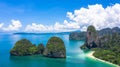 Aerial view Phra Nang Cave Beach with traditional long tail boat on Ao Phra Nang Beach, Railay Bay, Krabi, Thailand