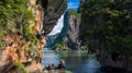 Aerial view Phra Nang Cave Beach with traditional long tail boat on Ao Phra Nang Beach, Railay Bay, Krabi, Thailand