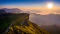 Aerial view Phu chi fa and morning fog at sunrise, Chiang rai, Thailand. Royalty Free Stock Photo