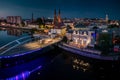 Aerial view of Piastowski Bridge in the old Town in Opole, Poland at night
