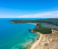 Aerial view with river that flows into the sea and sandy beach Royalty Free Stock Photo