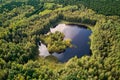 Aerial view of a picturesque lake in the depths of a green forest