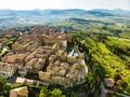 Aerial view of Pienza, a village located in the beautiful Tuscany valley, known as the `ideal city of the Renaissance` and a `