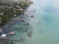 Aerial view of piers at the colorful Lagoon in Bacalar, Mexico