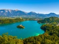 Aerial view on the Pilgrimage Church of the Assumption of Maria on the Lake Bled