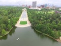 Aerial view Pioneer Memorial granite obelisk monument at Hermann Park in Houston, Texas, USA