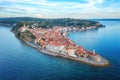 Aerial view of Piran old town, Slovenia. Scenic cityscape with medieval architecture and Adriatic sea, outdoor travel background Royalty Free Stock Photo