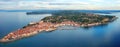 Aerial view of Piran old town, Slovenia. Scenic cityscape with medieval architecture and Adriatic sea, outdoor travel background Royalty Free Stock Photo