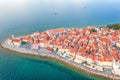 Aerial view of Piran old town, Slovenia. Scenic cityscape with medieval architecture and Adriatic sea, outdoor travel background Royalty Free Stock Photo