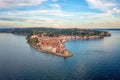 Aerial view of Piran old town, Slovenia. Scenic cityscape with medieval architecture and Adriatic sea, outdoor travel background Royalty Free Stock Photo