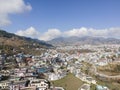 Aerial view of a Pithoragarh. Drone shot of a city situated in between the mountains