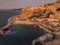 Aerial view of Pizzo Calabro, pier, castle, Calabria, tourism Italy. Sunset time