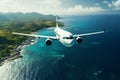 Aerial view Plane soars above ocean, overlooking a distant island Royalty Free Stock Photo