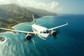 Aerial view Plane soars above ocean, overlooking a distant island Royalty Free Stock Photo