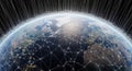 An aerial view of planet earth covered in a global network of interconnected lines and data points at night Royalty Free Stock Photo