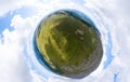 Aerial view of planet earth in the form of a nutlet with the image of nature and picturesque landscapes near a mountain with a