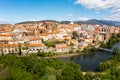 Aerial view of Plasencia in valley of Jerte river overlooking medieval cathedral