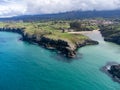 Aerial view on Playa de Poo during low tide near Llanes, Green coast of Asturias, North Spain with sandy beaches, cliffs, hidden