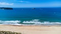 Aerial view of Playa de Somo beach and Bay of Biscay waters. Somo, Cantabria, Spain