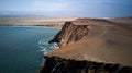 Aerial view of Playa Roja cliffs in Paracas, Peru - brown sand, golden rocks, green water, Royalty Free Stock Photo