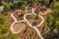 Aerial View of Playground in Park, A Fun and Colorful Setting for Outdoor Recreation, A bird\'s eye view of a labyrinth style Royalty Free Stock Photo