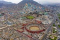 Aerial view of the Plaza de Toros de Acho, the largest bullring in the Peruvian capital Lima.