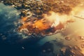 An aerial view of a polluted estuary or river flowing into the ocean, highlighting the consequences of industrial pollution on Royalty Free Stock Photo