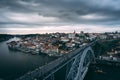 Aerial view of the Ponte Dom Luis bridge near the skyline of Porto, Portugal Royalty Free Stock Photo