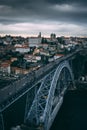 Aerial view of the Ponte Dom Luis bridge near the skyline of Porto, Portugal Royalty Free Stock Photo