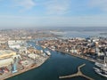 aerial view of Poole harbour and the historic Quay area seen on a sunny calm morning