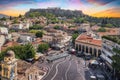 Athens, Greece cityscape with Monastiraki square and Acropolis at sunset. Royalty Free Stock Photo