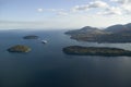 Aerial view of Porcupine Islands, Frenchman Bay and Holland America cruise ship in harbor, Acadia National Park, Maine Royalty Free Stock Photo