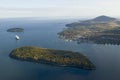 Aerial view of Porcupine Islands, Frenchman Bay and Holland America cruise ship in harbor, Acadia National Park, Maine