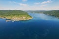 Aerial view of the port of Baikal and the source of the Angara River. Lake Baikal in summer