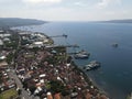 Aerial view of Port in Banyuwangi Indonesia with ferry in Bali Ocean