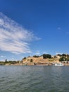 Aerial view of Port of Belgrade with boats surrounded by water and buildings Royalty Free Stock Photo