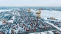 Aerial view port container terminal container ship in import export and business logistic at Deep water port