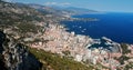 Aerial view of port Hercule of the Principality Monaco at sunny day, Monte-Carlo, view point in La Turbie, Megayachts, a Royalty Free Stock Photo
