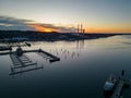 Aerial view of the Port Jefferson Harbor during a beautiful and cloudless sunset in the winter Royalty Free Stock Photo