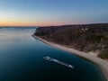 Aerial view of the Port Jefferson Harbor during a beautiful and cloudless sunset in the winter Royalty Free Stock Photo