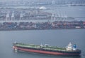 LOS ANGELES, USA, December 2017: Aerial view of Overseas Everest cargo ship in Port of LA in Long Beach, California