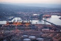 LOS ANGELES, USA, December 2017: Aerial view of Port of LA and evergreen freight ship in Long Beach, California. Port of